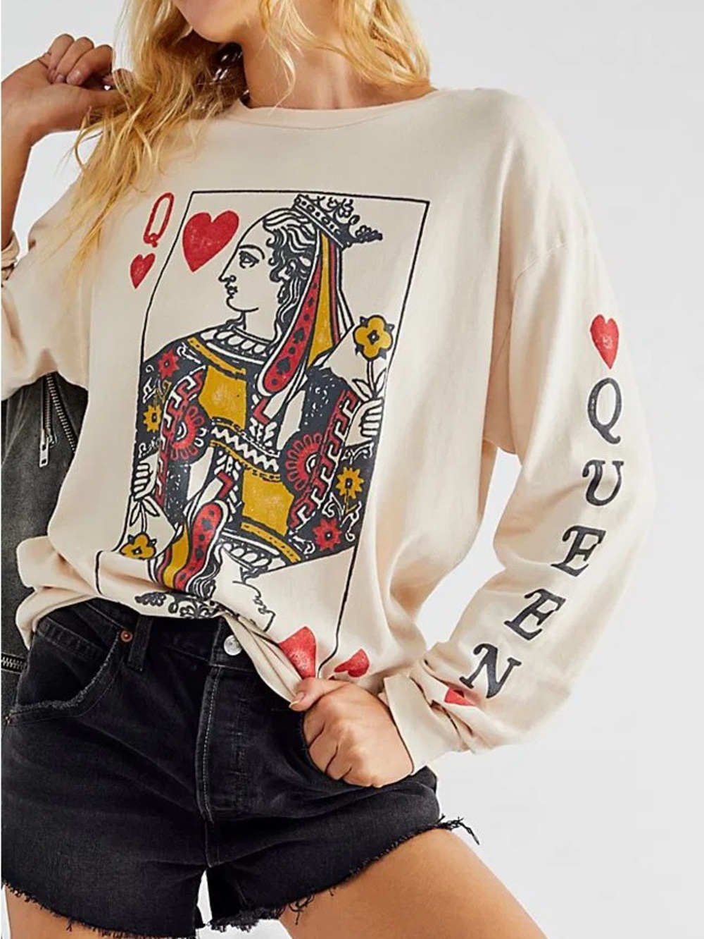 Free People Queen Playing Card Graphic Sweatshirt in sand